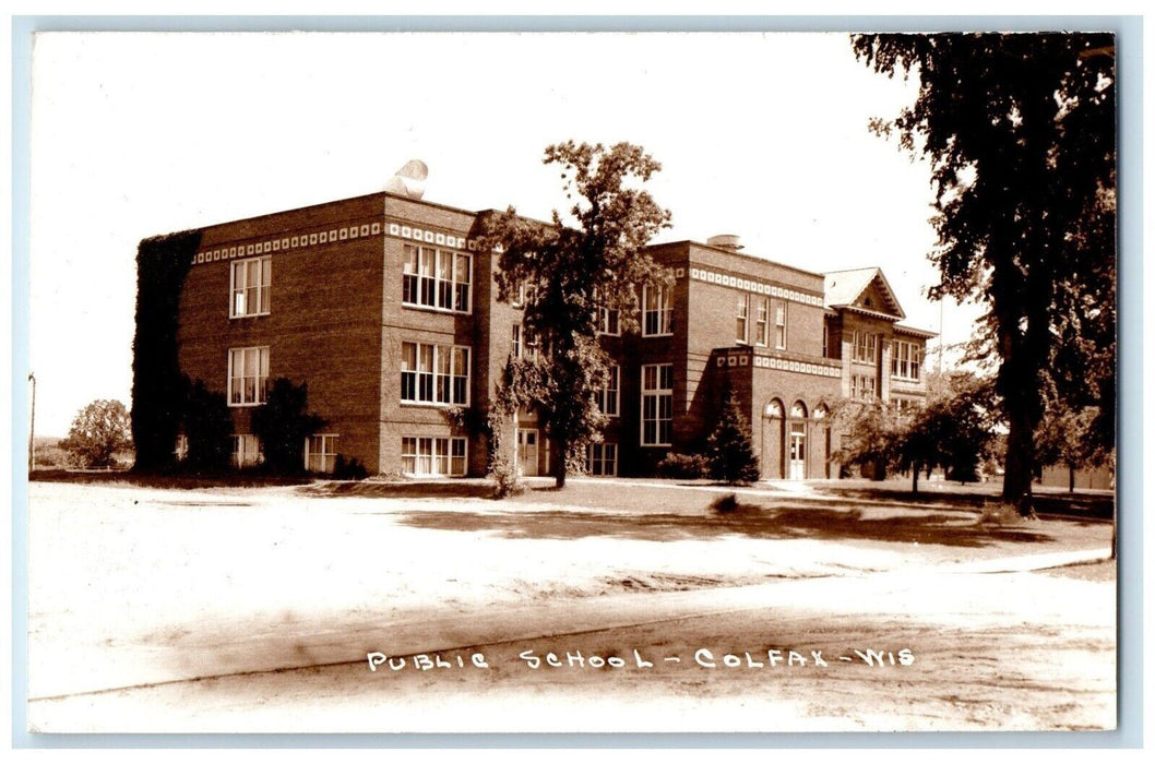 Public School Building Campus Colfax Wisconsin WI Vintage RPPC Photo Postcard
