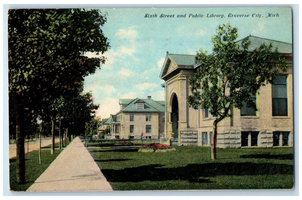 Sixth Street And Public Library Tree-lined Traverse City Michigan MI Postcard