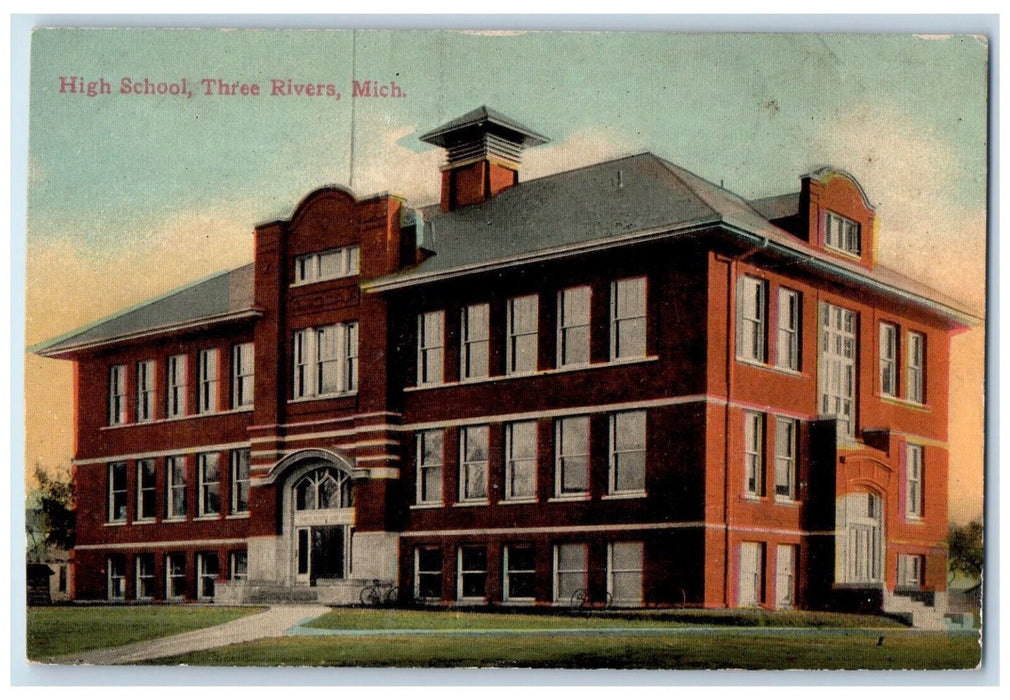 1912 High School Building Exterior Three Rivers Michigan MI Antique Postcard