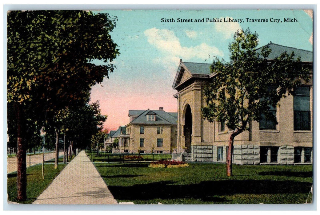 1913 Sixth Street And Public Library Tree-lined Scene Traverse City MI Postcard