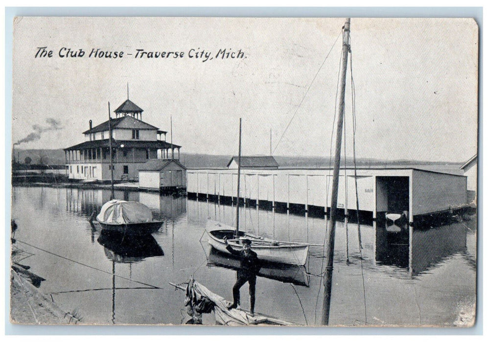 1908 The Club House Boats Scene Traverse City Michigan MI Antique Postcard