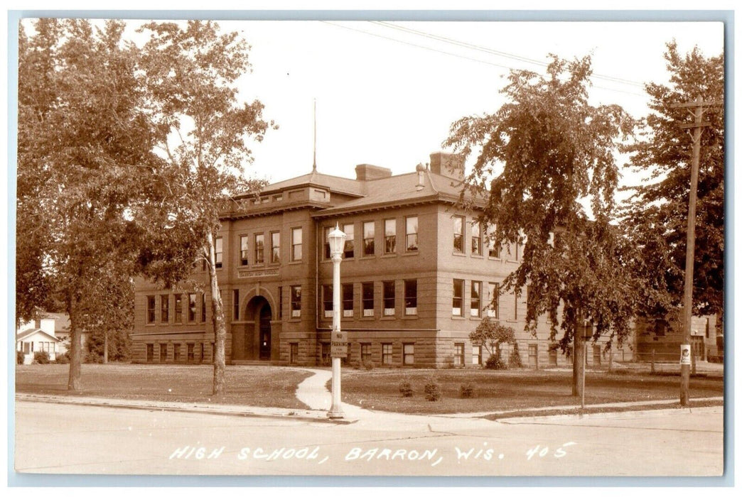 High School Building Scene Street Barron Wisconsin WI RPPC Photo Postcard