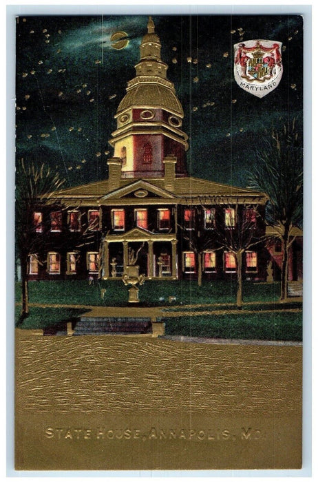 c1910 State House Exterior Night Moonlight Annapolis Maryland Embossed Postcard