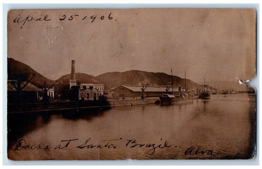 1906 Docks Boat Factory View Santos Sao Paolo Brazil RPPC Photo Posted Postcard