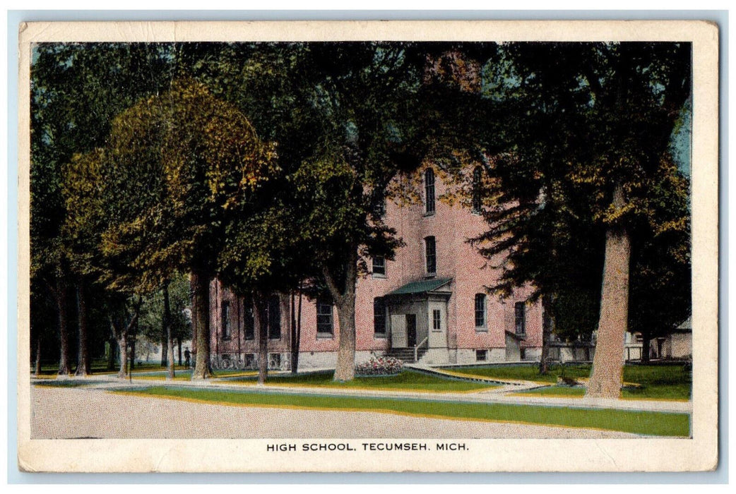High School Building Tree-lined Street View Tecumseh Michigan MI Postcard