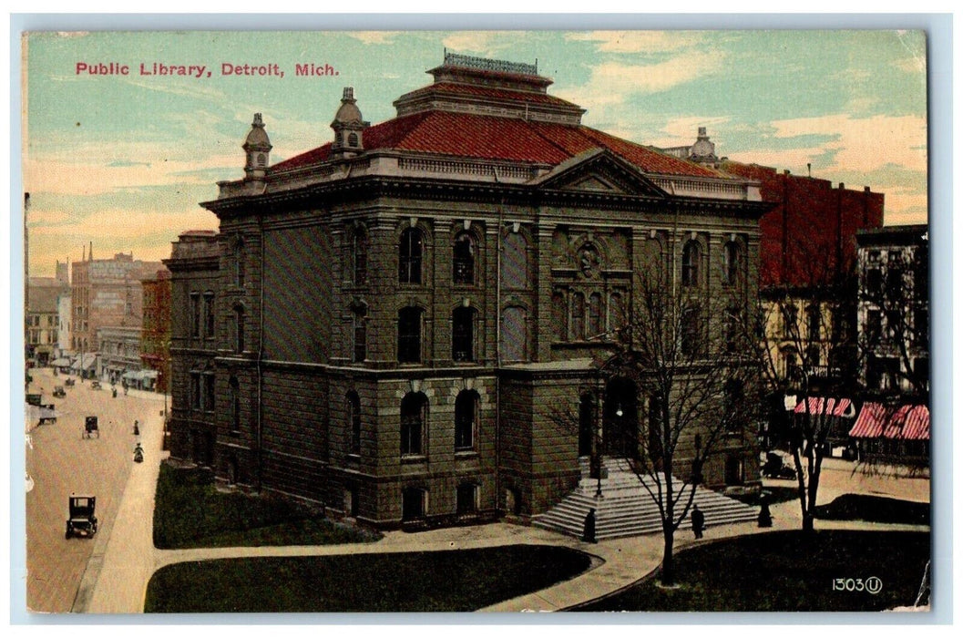 1912 Exterior View Public Library Building Detroit Michigan MI Antique Postcard