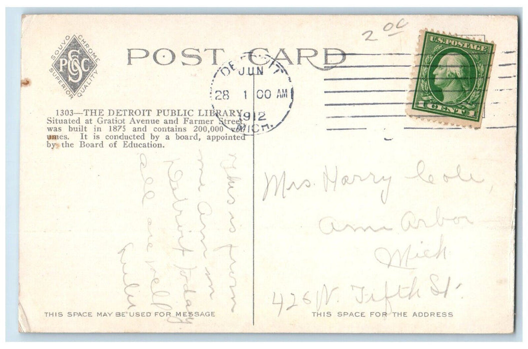 1912 Exterior View Public Library Building Detroit Michigan MI Antique Postcard