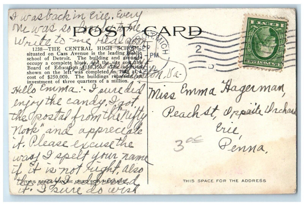 1912 Bird's Eye View Central High School Building Detroit Michigan MI Postcard