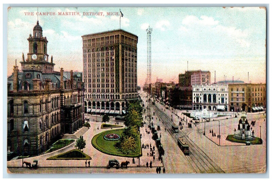 1908 Birds Eye View Campus Martius Detroit Michigan MI Vintage Antique Postcard