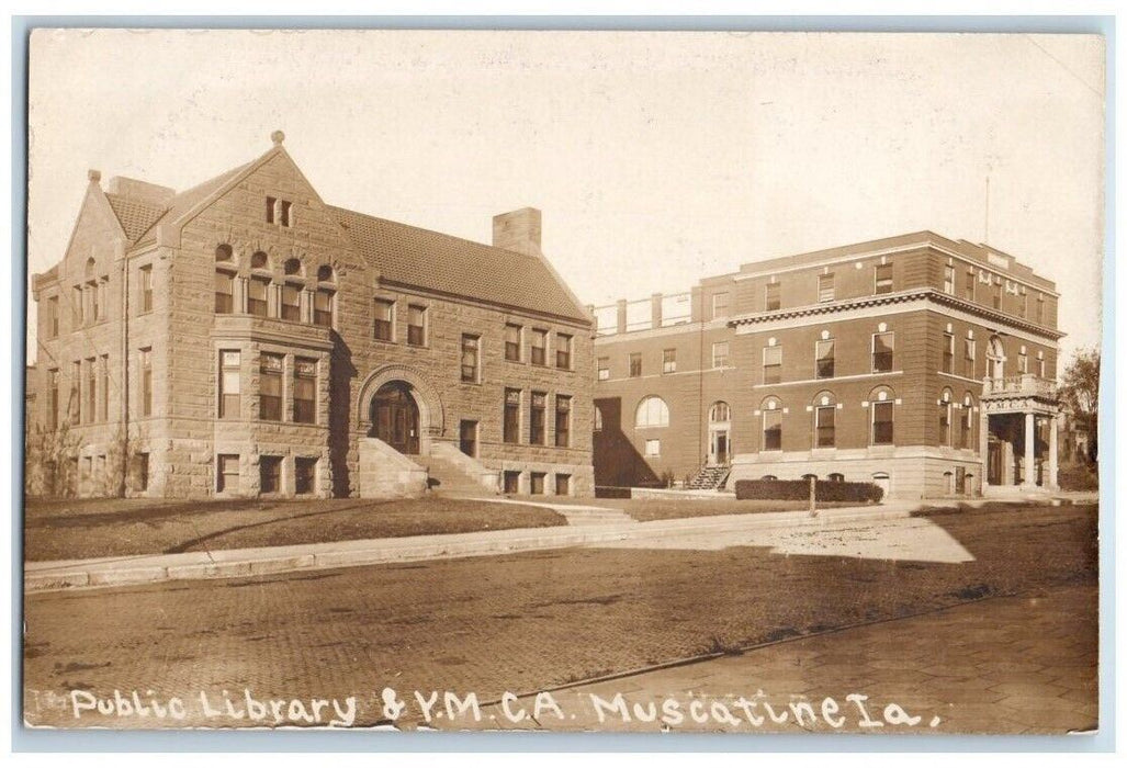 c1910s Public Library & YMCA Building View Muscatine Iowa IA RPPC Photo Postcard