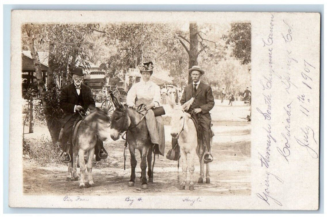 1907 Men Woman Donkey Cheyenne Canyon Colorado Springs CO RPPC Photo Postcard