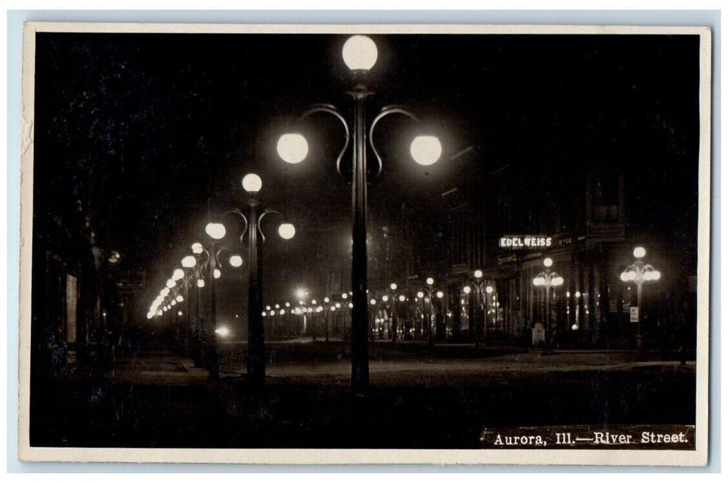 c1910's River Street Lights Night Aurora Illinois IL RPPC Photo Postcard