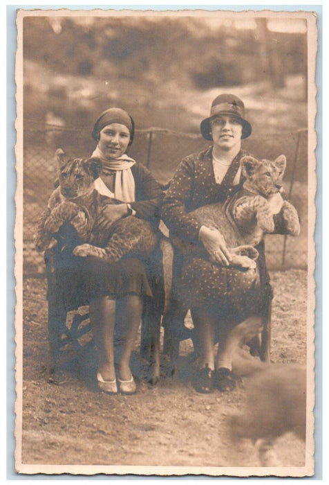 c1910's Womens Berlin Germany Zoo Tiger Cubs Antique RPPC Photo Postcard