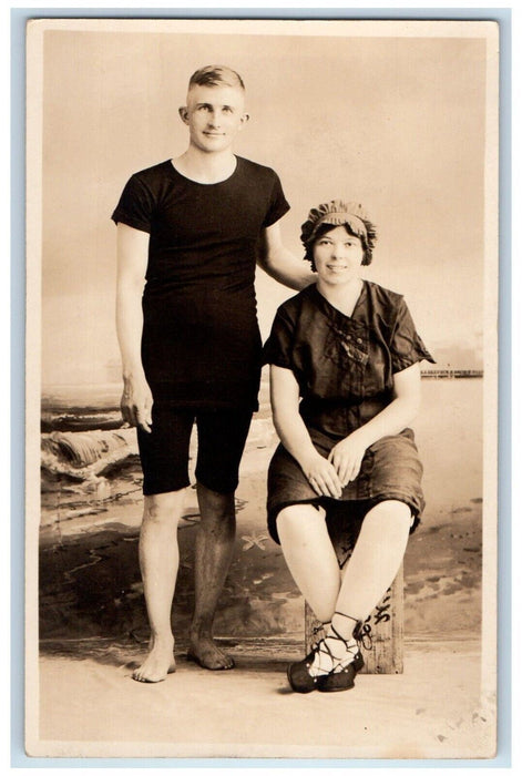 c1910's Man And Woman Studio Casino Baths Wildwood NJ RPPC Photo Postcard