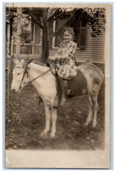 c1910's Little Girl Ride Donkey Put In Bay Ohio OH Antique RPPC Photo Postcard