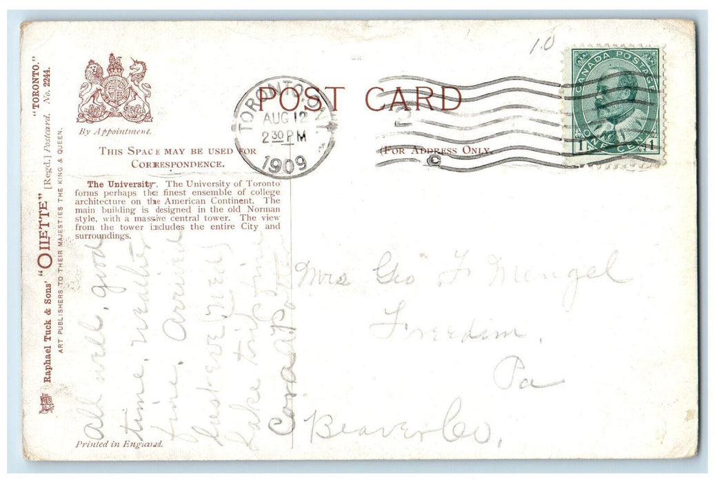 1909 The University Toronto Ontario Canada Oilette Tuck Art Antique Postcard