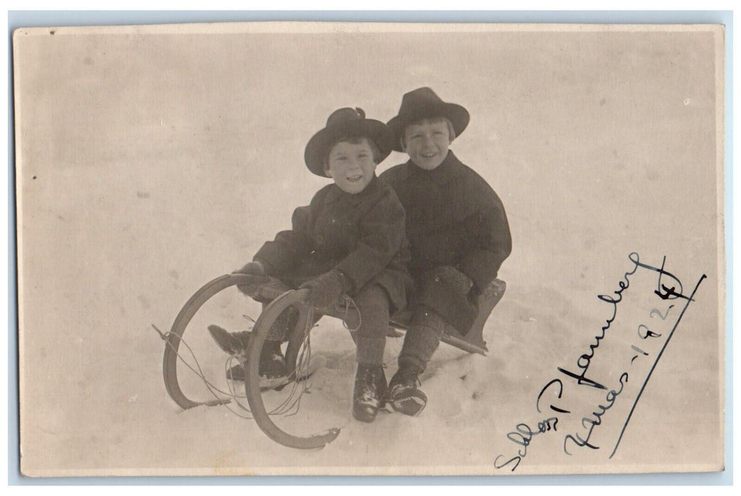 1924 Boys Sledding Winter Germany Posted Antique RPPC Photo Postcard