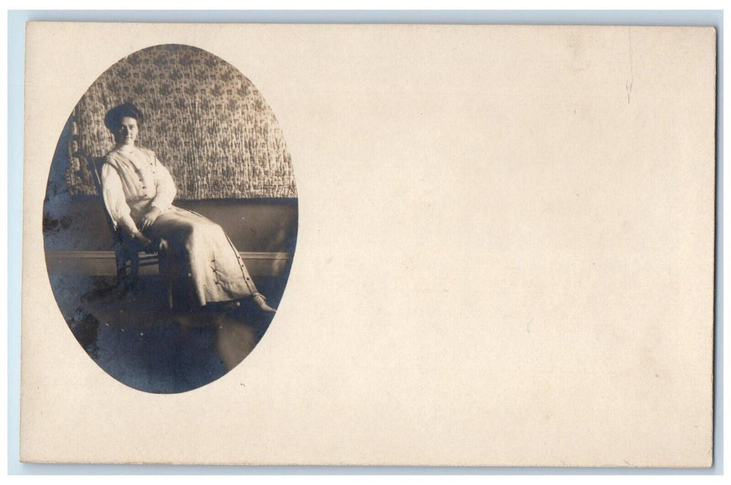 c1910's Pretty Woman Sat On Chair Quilt Unposted Antique RPPC Photo Postcard