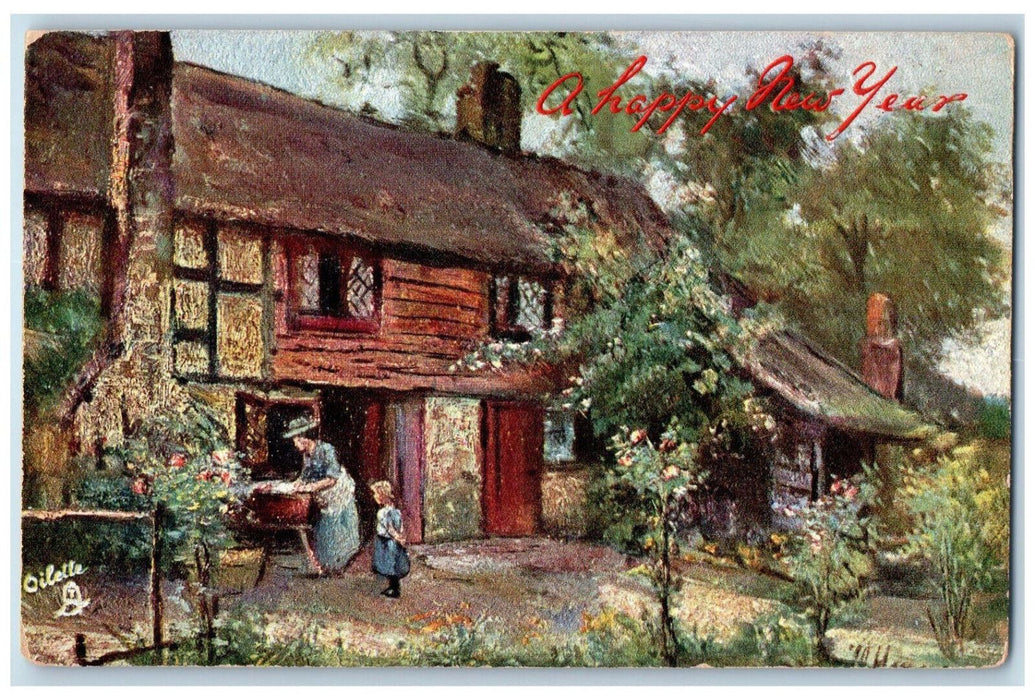 c1910 Happy New Year Rustic Homesteads Oilette Tuck Art Antique Postcard