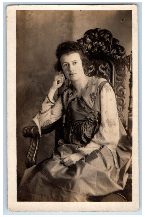 Pretty Woman Sat On Chair Studio Portrait Lewiston Maine ME RPPC Photo Postcard