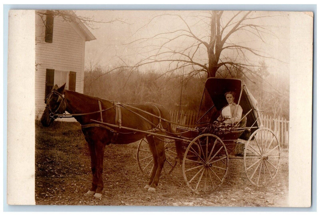 c1910's Old Style Woman Riding Horse And Buggy Antique RPPC Photo Postcard