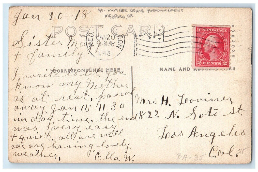 1918 Palm Tree Mother Death Announcement Medford Oregon OR RPPC Photo Postcard