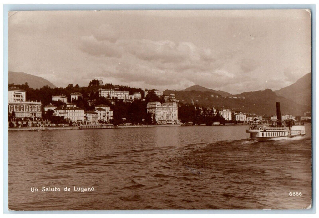 c1930's Un Saluto Da Lugano Switzerland Steamer Ship Vintage RPPC Photo Postcard