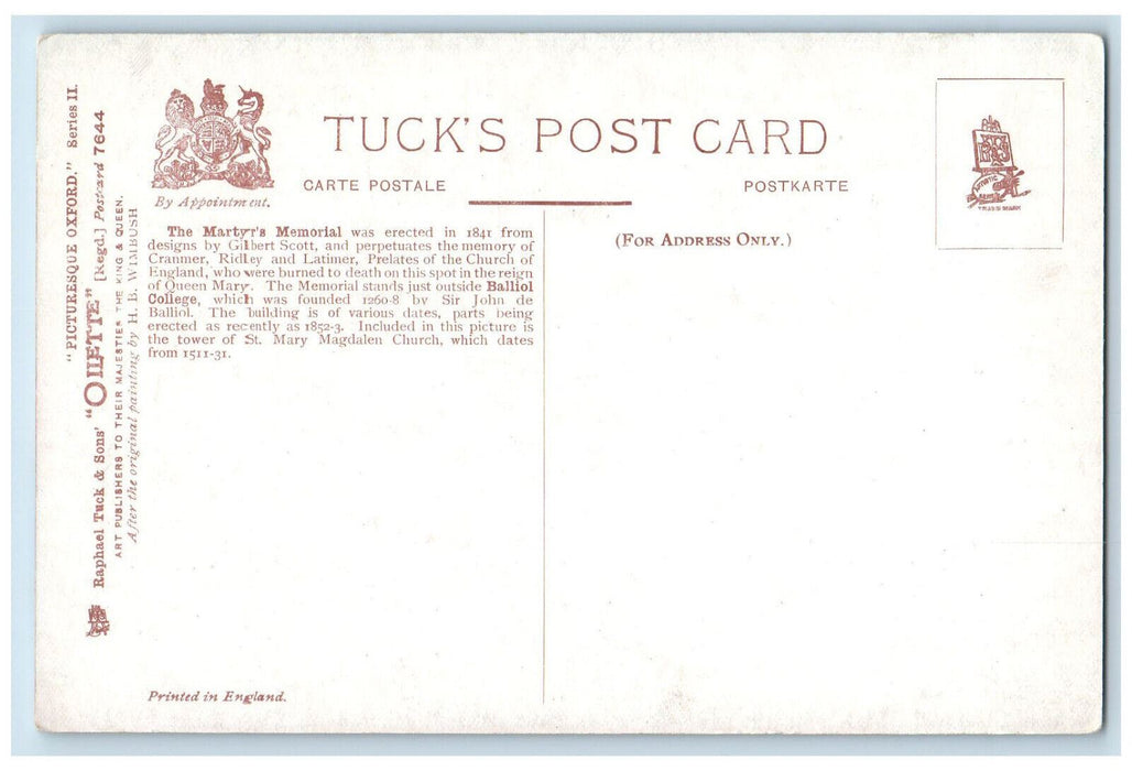 c1910 Oxford Martyr's Memorial & Balliol College Oilette Tuck Art Postcard