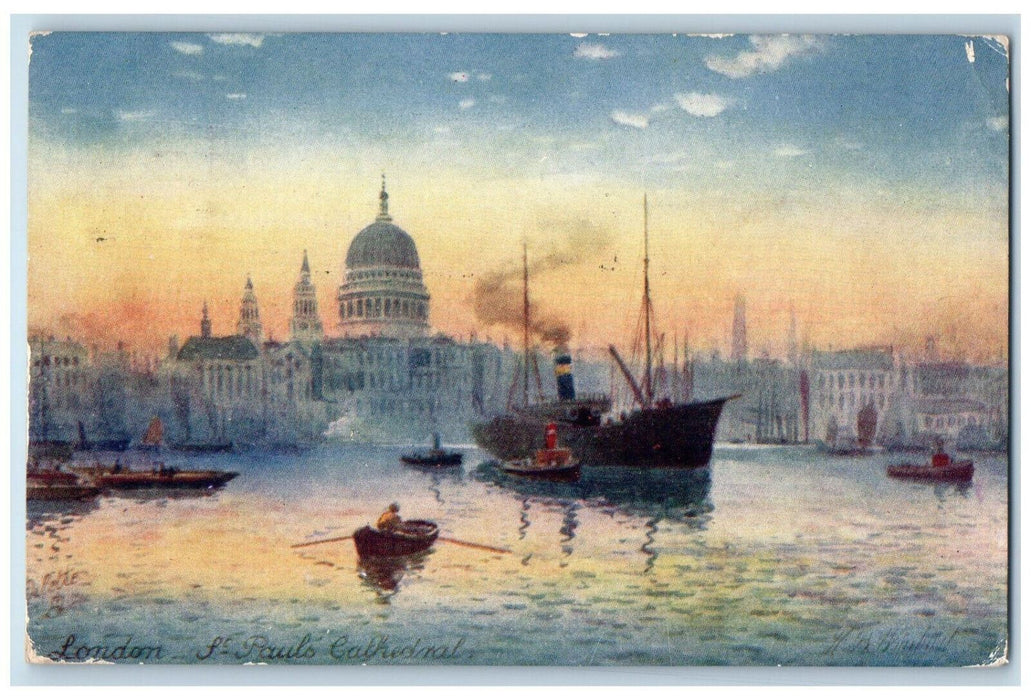 c1910 Steamer Boat St. Pauls Cathedral London England Oilette Tuck Art Postcard