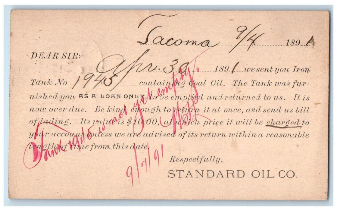 1891 Roslyn Mines Standard Oil Tacoma Washington WA Received Stamp Postal Card