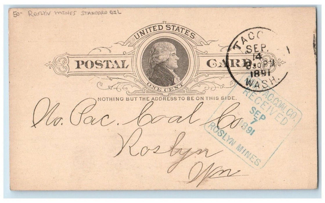 1891 Roslyn Mines Standard Oil Tacoma Washington WA Received Stamp Postal Card