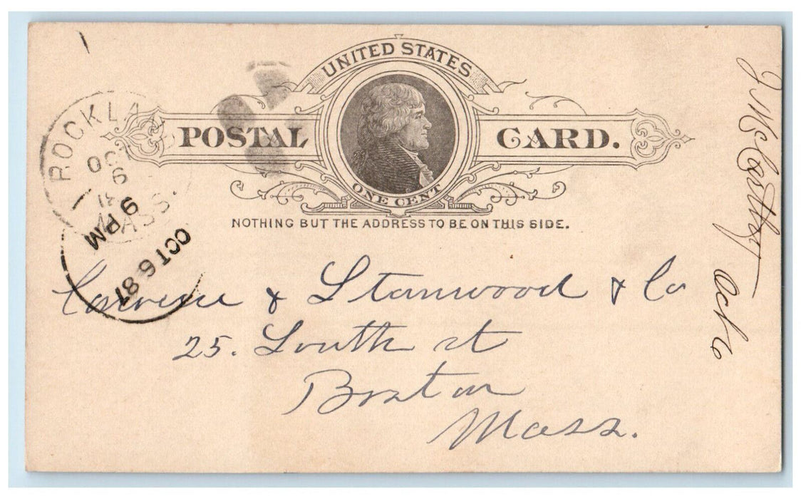 1887 Converse & Stanwood Rockland Massachusetts MA Boston MA Postal Card