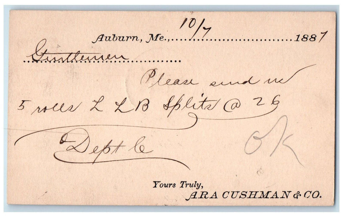 1887 Ara Cushman & Co Auburn Maine ME Boston Massachusetts MA Postal Card