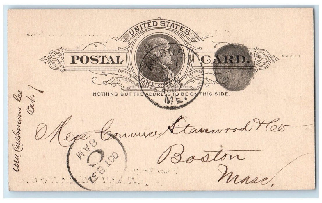 1887 Ara Cushman & Co Auburn Maine ME Boston Massachusetts MA Postal Card