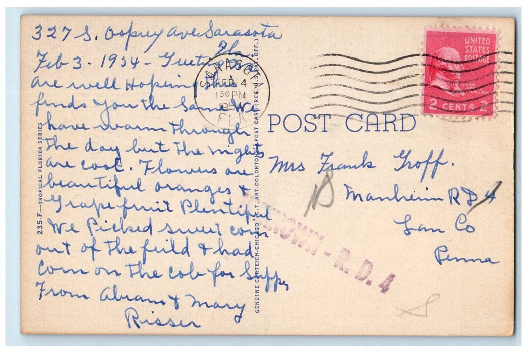 1954 Moonlight Scene Florida Orange Grove Across Lake Night Sarasota FL Postcard
