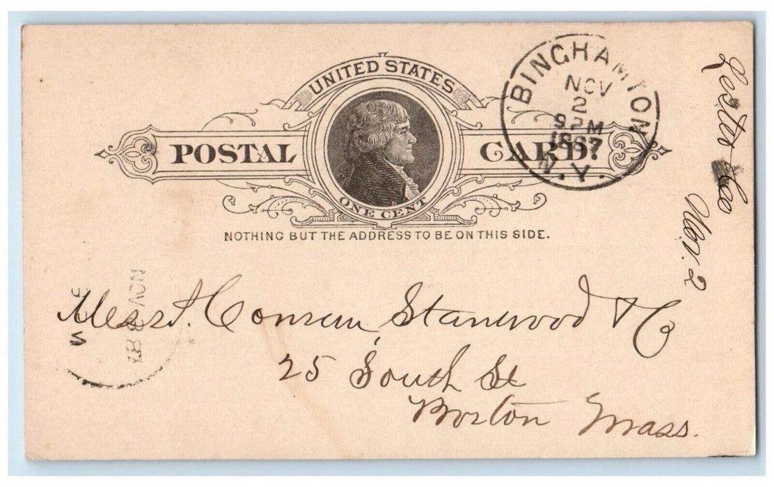 1887 Converse Stanwood & Co. Binghamton NY Boston Massachusetts MA Postal Card