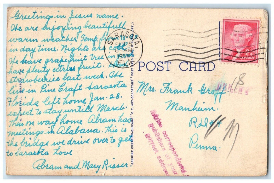 1955 Palmetto Side Manatee River Bridge Exterior Bradenton Florida FL Postcard