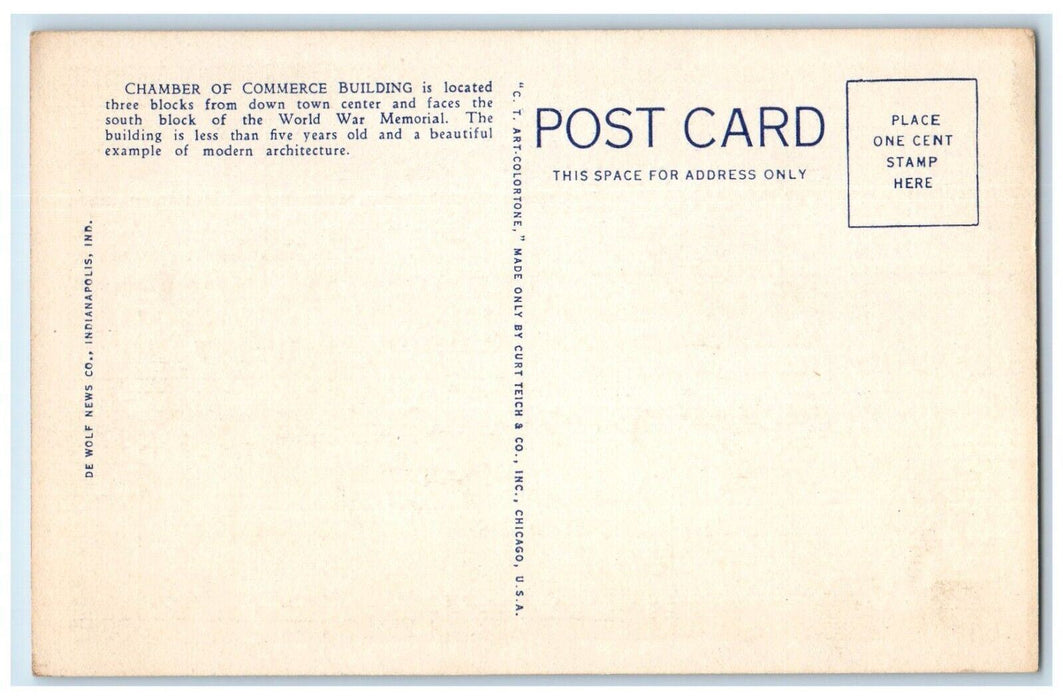c1940 Chamber Commerce Building Exterior Down Town Indianapolis Indiana Postcard