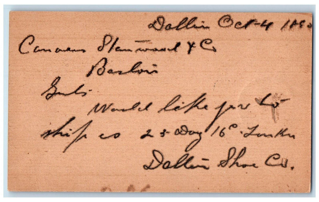 1890 Dalton Shoe Co. Dalton Massachusetts MA Boston MA Antique Postal Card