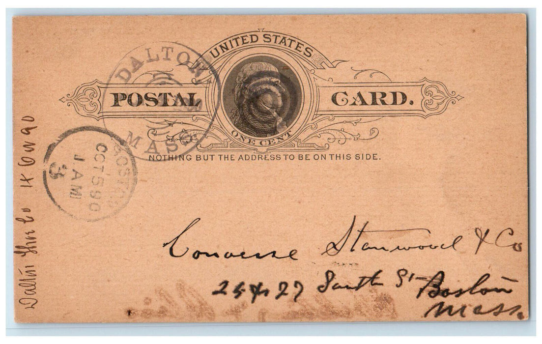 1890 Dalton Shoe Co. Dalton Massachusetts MA Boston MA Antique Postal Card