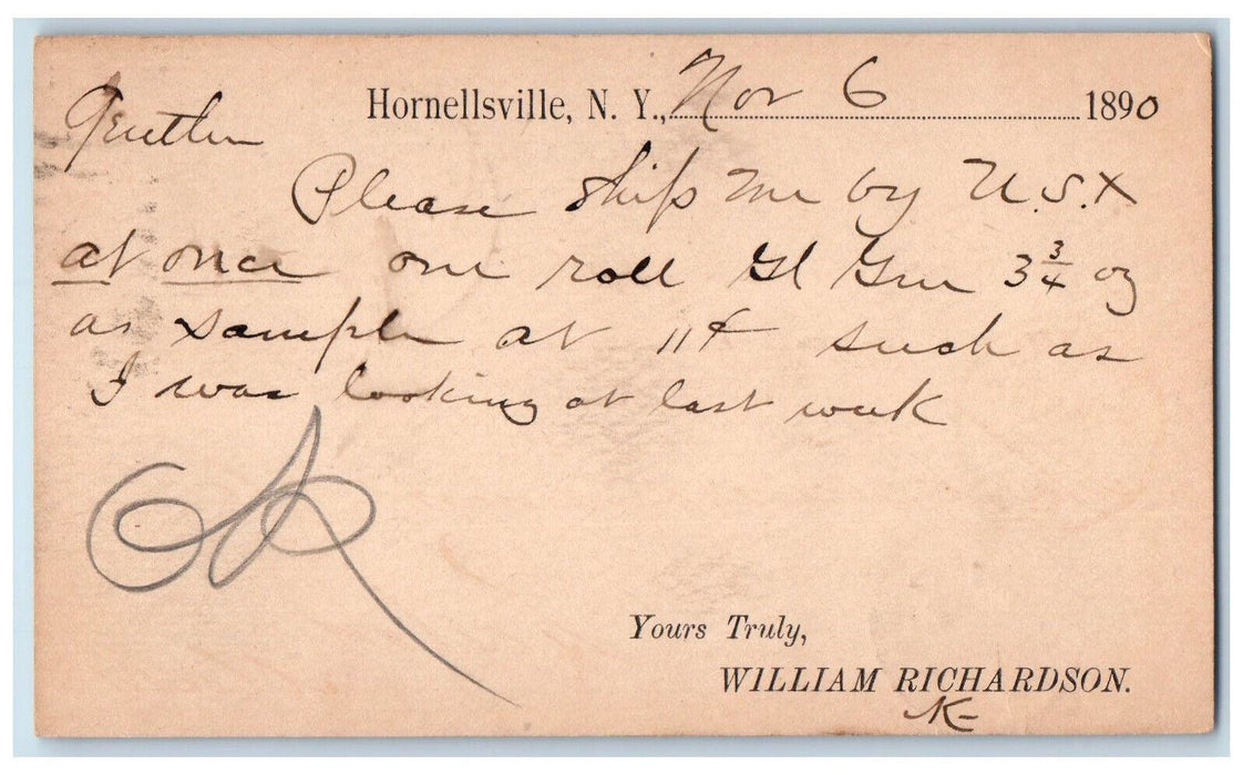 1890 William Richardson Hornellsville New York NY Boston MA Postal Card