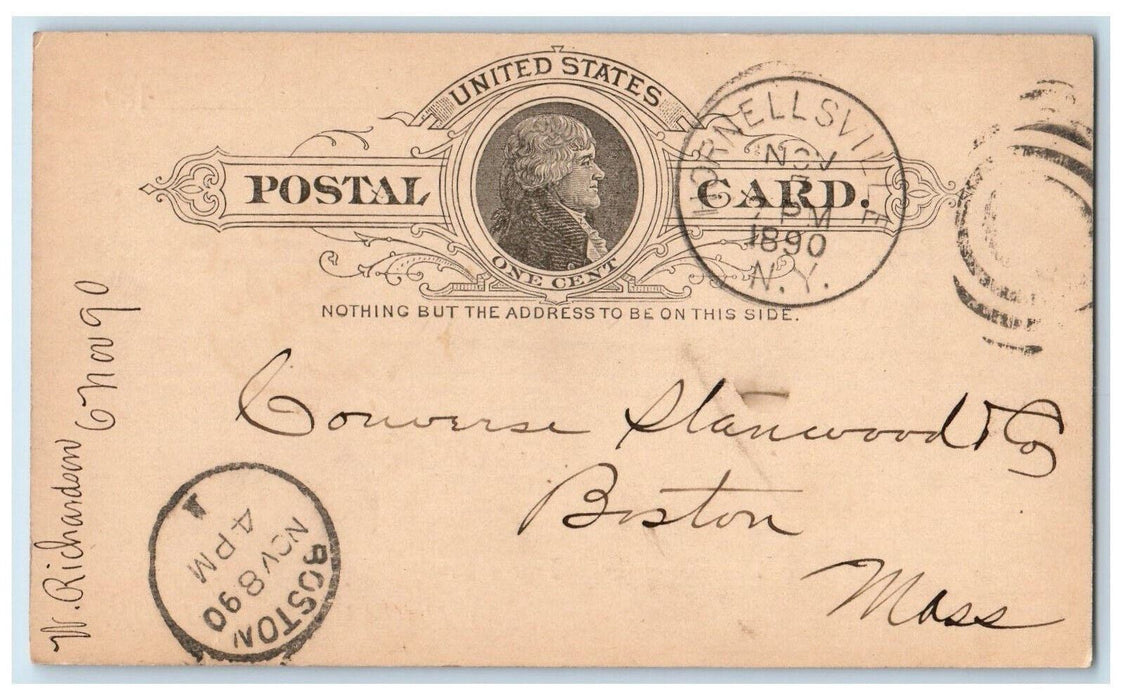 1890 William Richardson Hornellsville New York NY Boston MA Postal Card