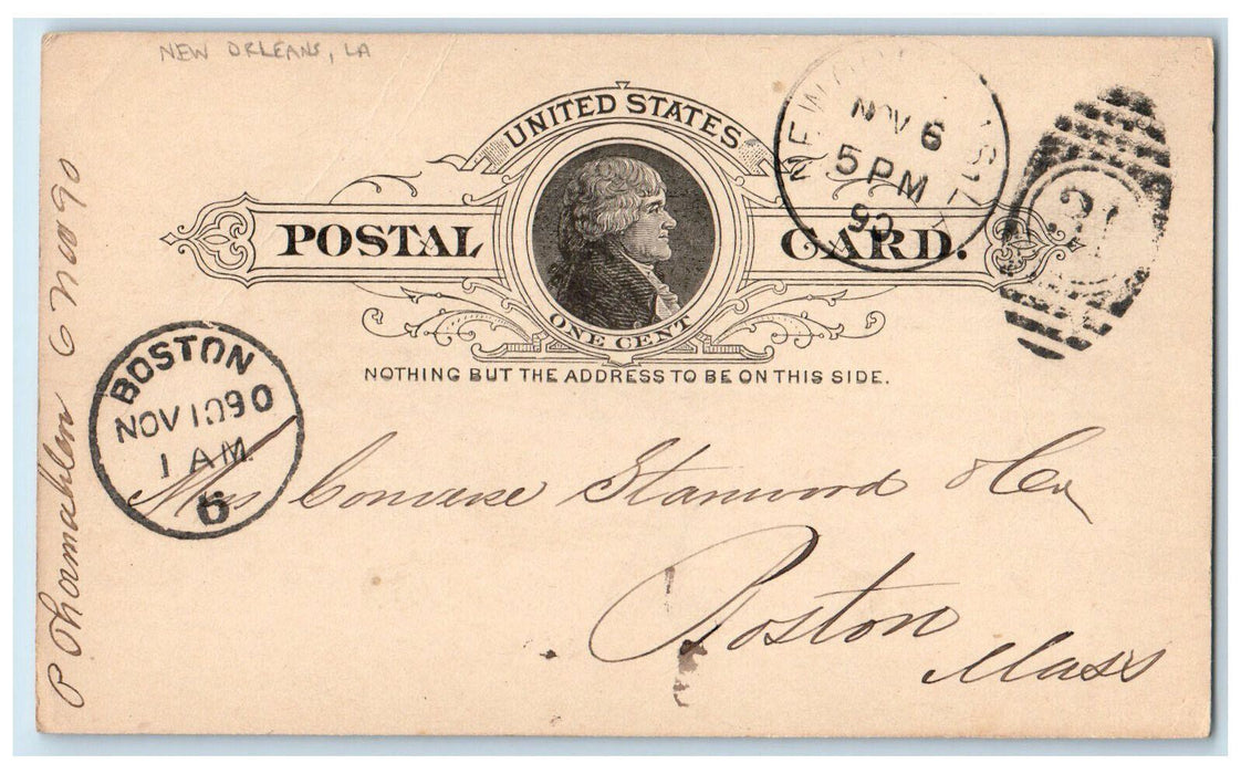 1890 P Thormahlen New Orleans Louisiana LA Boston MA Antique Postal Card