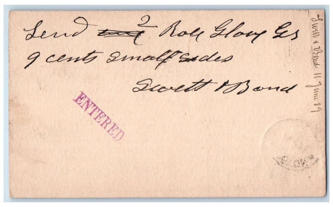 1889 Swett & Bond Haverhill Massachusetts Boston MA Entered Stamp Postal Card