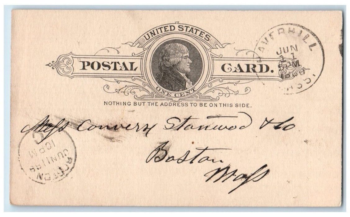 1889 Swett & Bond Haverhill Massachusetts Boston MA Entered Stamp Postal Card