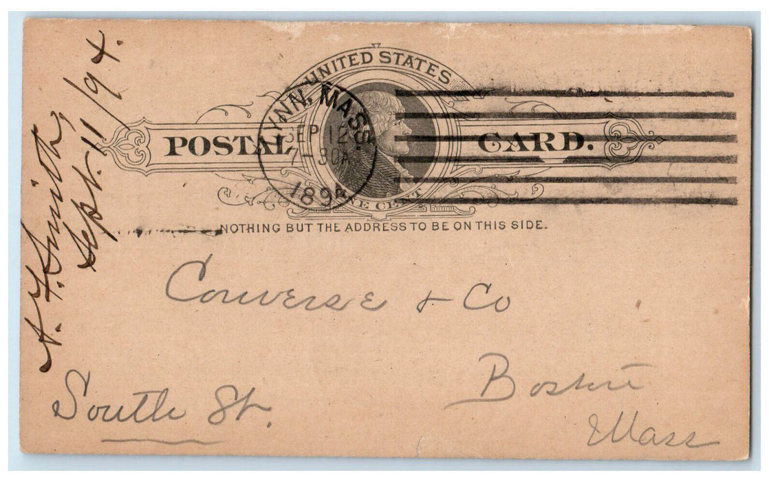 1894 A.F. Smith Lynn Massachusetts MA Boston MA Posted Antique Postal Card
