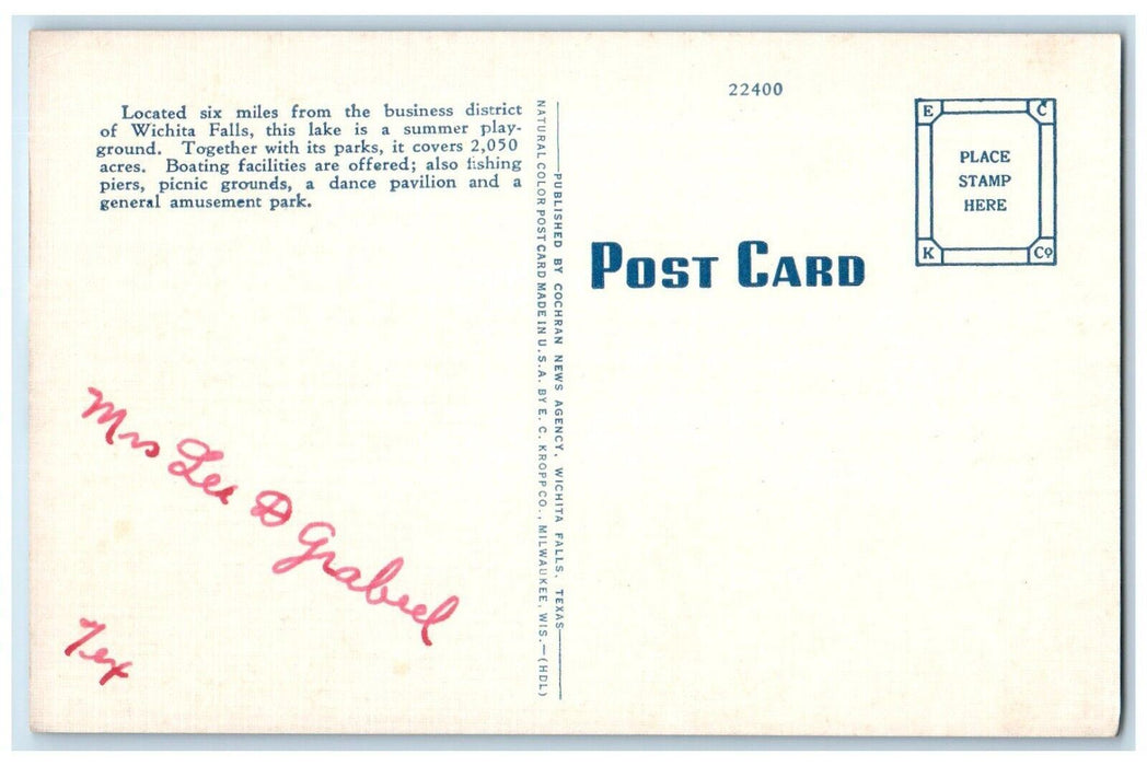 c1940 Lake Wichita Business District Boating Picnic Wichita Falls Texas Postcard