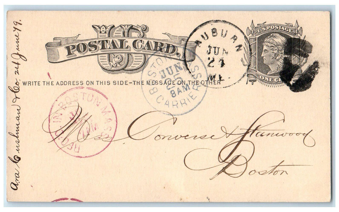 1879 Converse & Stanwood & Co. Auburn Maine ME Boston MA Blue Cancel Postal Card