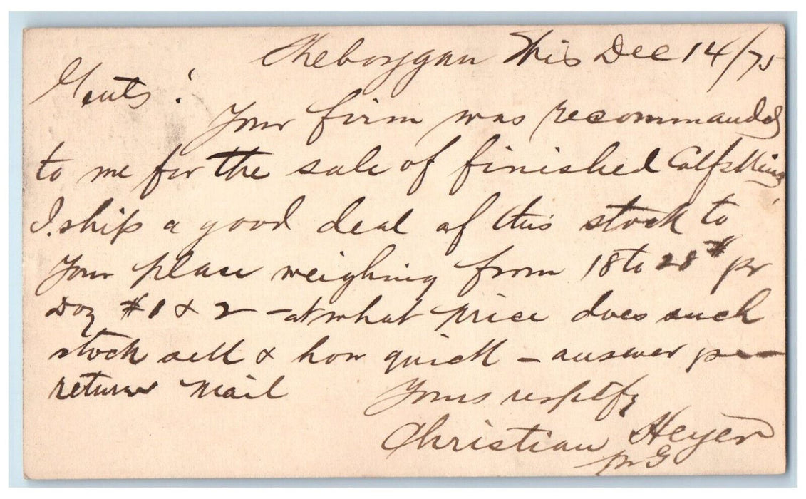 1875 Christian Heyer Sheboygan Wisconsin WI Boston MA Cancel Posted Postcard