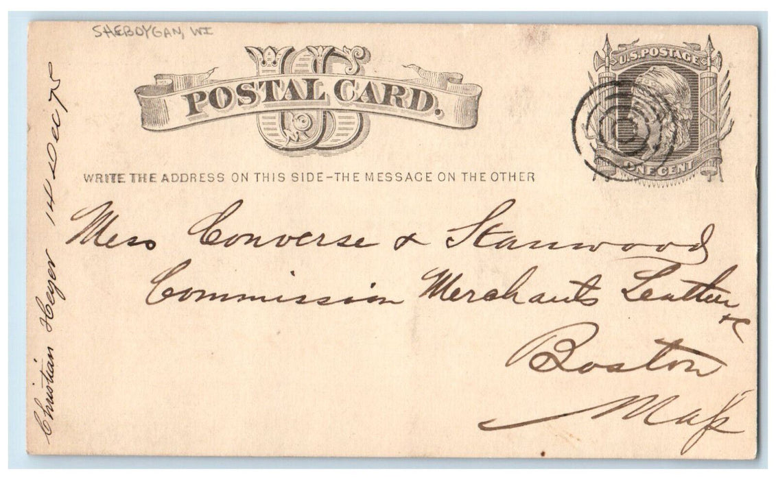 1875 Christian Heyer Sheboygan Wisconsin WI Boston MA Cancel Posted Postcard